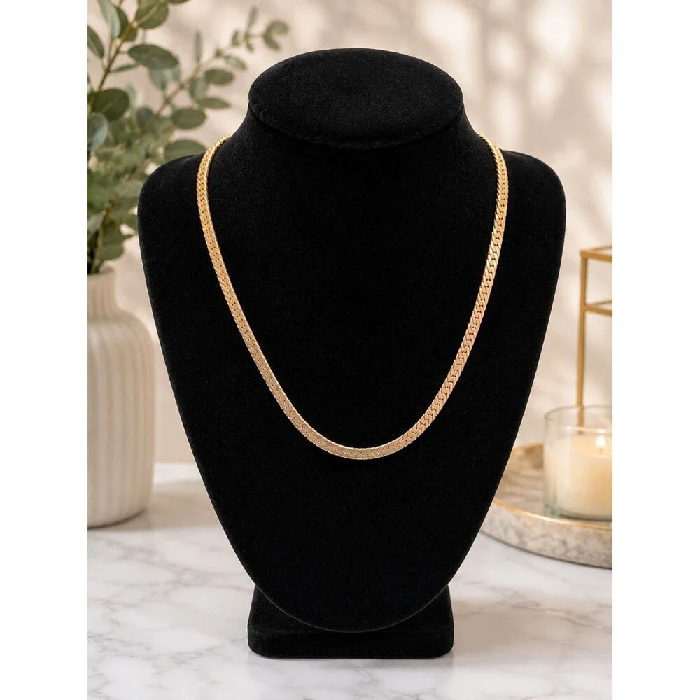 Vintage Gold Tone Herringbone Chain Necklace, Classic Flat Snake Chain, 8 Inch